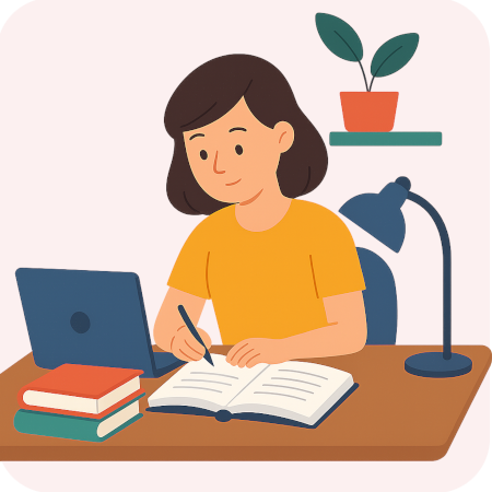 Electrology student learning from home, taking notes while studying electrolysis coursework.