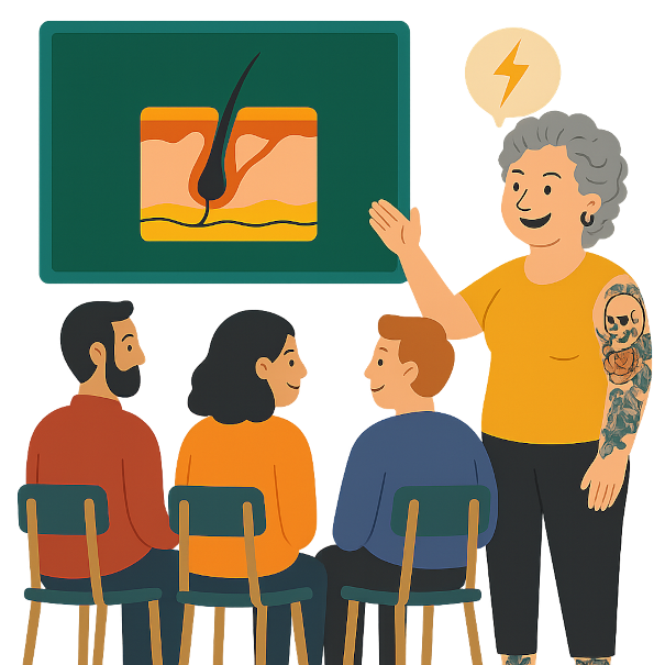 Electrology instructor teaching adult students about hair follicle treatment in a classroom training session.