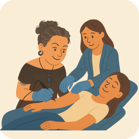 Hands-on electrology training with student using a probe on a client under teacher supervision.