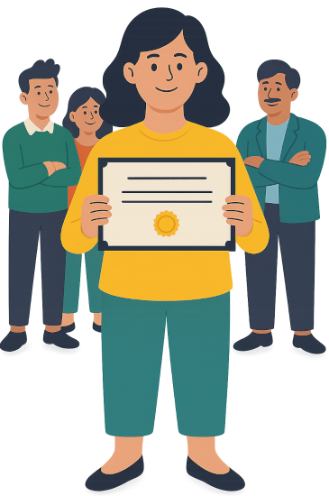 Electrology graduate proudly holding an Oregon certificate with supportive classmates standing behind her.
