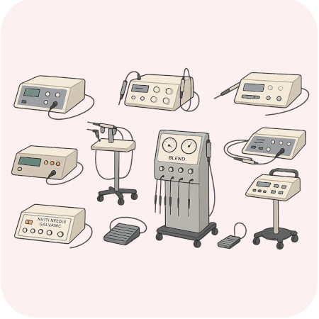 Illustration of various electrology machines used for professional permanent hair removal.